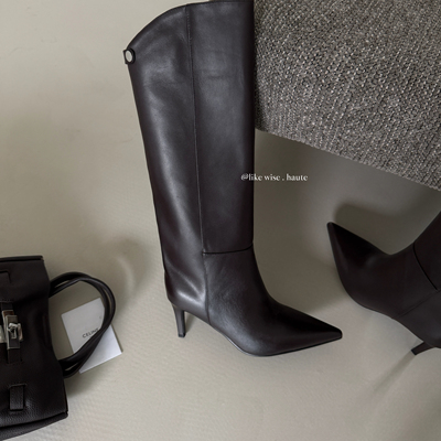 LIKE WISE HAUTE ·6.5cm尖头细高跟法式真皮宽筒不过膝高筒长靴