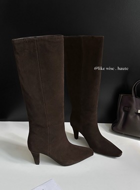 LIKE WISE HAUTE · 7cm尖头粗跟复古时尚百搭牛翻皮长筒靴
