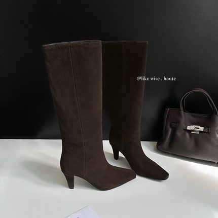 LIKE WISE HAUTE · 7cm尖头粗跟复古时尚百搭牛翻皮长筒靴