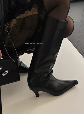 LIKE WISE HAUTE · 6cm尖头小猫跟百搭时尚微宽筒皮质高跟长靴