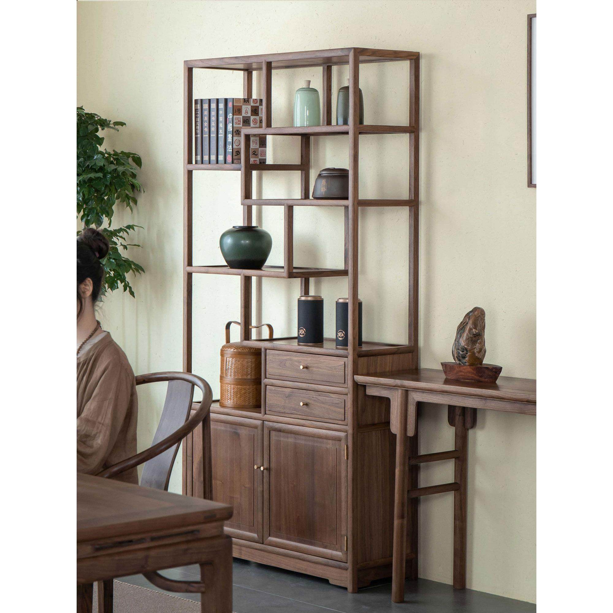 杪轩新中式黑胡桃木博古架原实木书柜茶室茶叶架多宝阁展示架