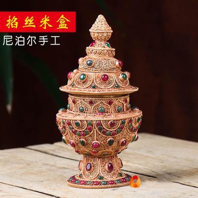 尼泊尔手工掐丝镶嵌宝石铜宝瓶现代供具修供具掐丝米盒