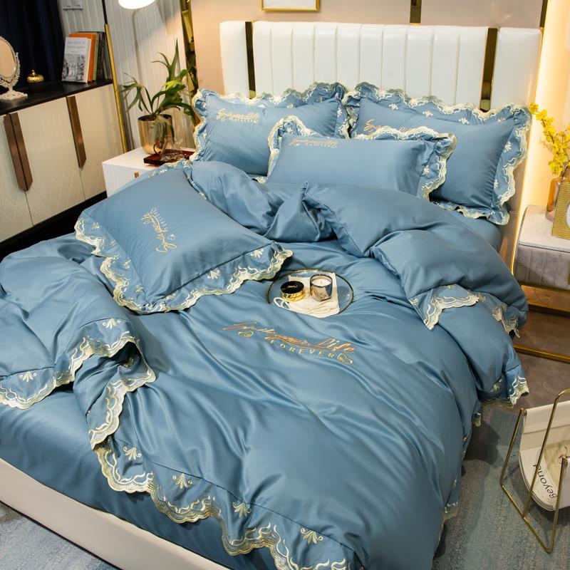 轻奢冰丝四件套夏季裸睡公主风床上用品水洗真丝被套丝滑床单欧式