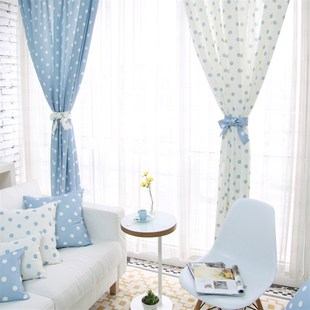 小清新布艺客厅卧室阳台半遮光圆点飘窗纱帘定制 波点窗帘蓝白韩式