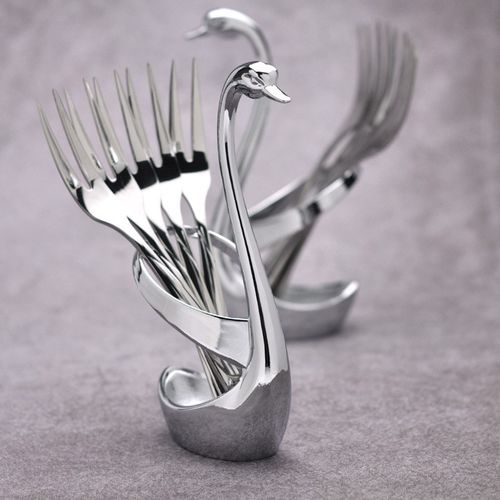 304水果叉时尚创意合金天鹅座水果签餐具套装 西餐餐具