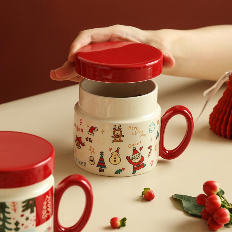 蓝莲花家居手绘圣诞盖杯礼盒办公室喝茶杯子家用喝水杯卡通杯子女