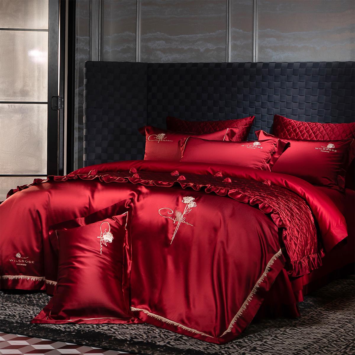 欧式高端结婚四件套140支真丝棉刺绣被套红色全棉婚庆床上用品