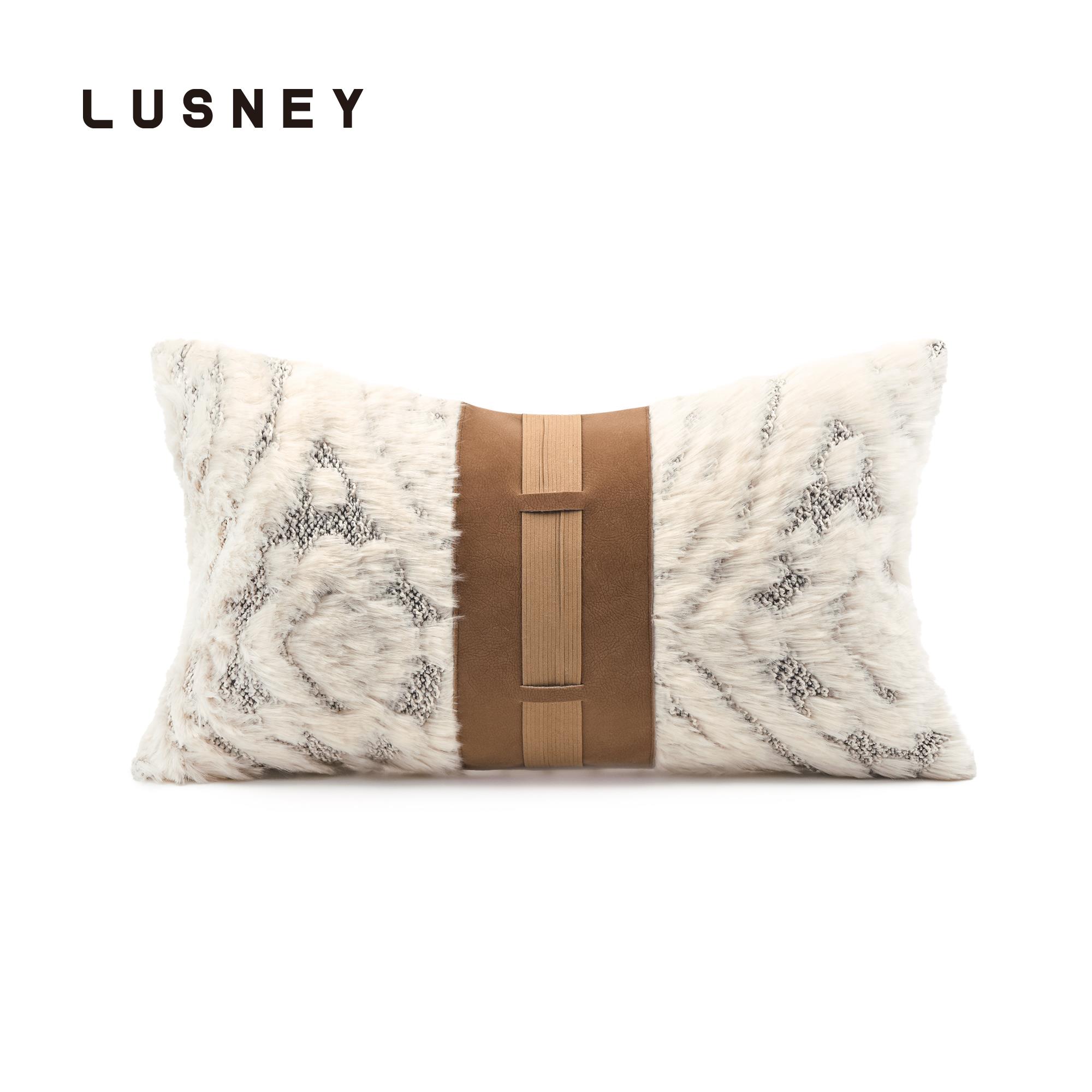 羊毛麂皮拼接高档住宅酒店客厅沙发枕Wabi-Sabi风格样板房长腰枕