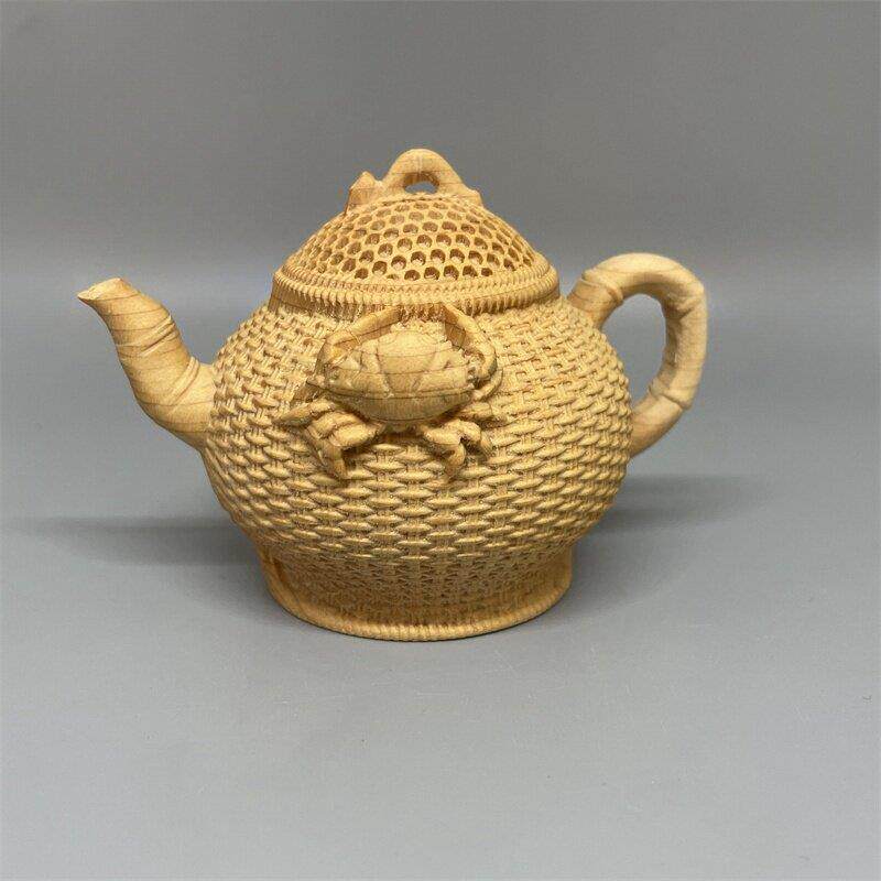 崖柏木雕八方来财把把壶螃蟹茶壶摆件文玩手把件鱼篓随身携带盘玩