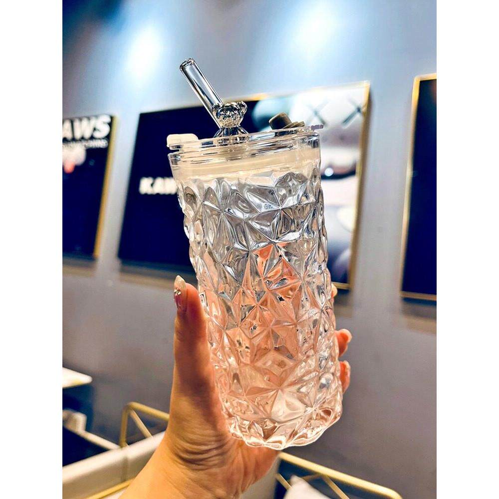 高价玻璃女生吸管杯,家用水杯,办公高档有盖饮水杯,牛奶杯