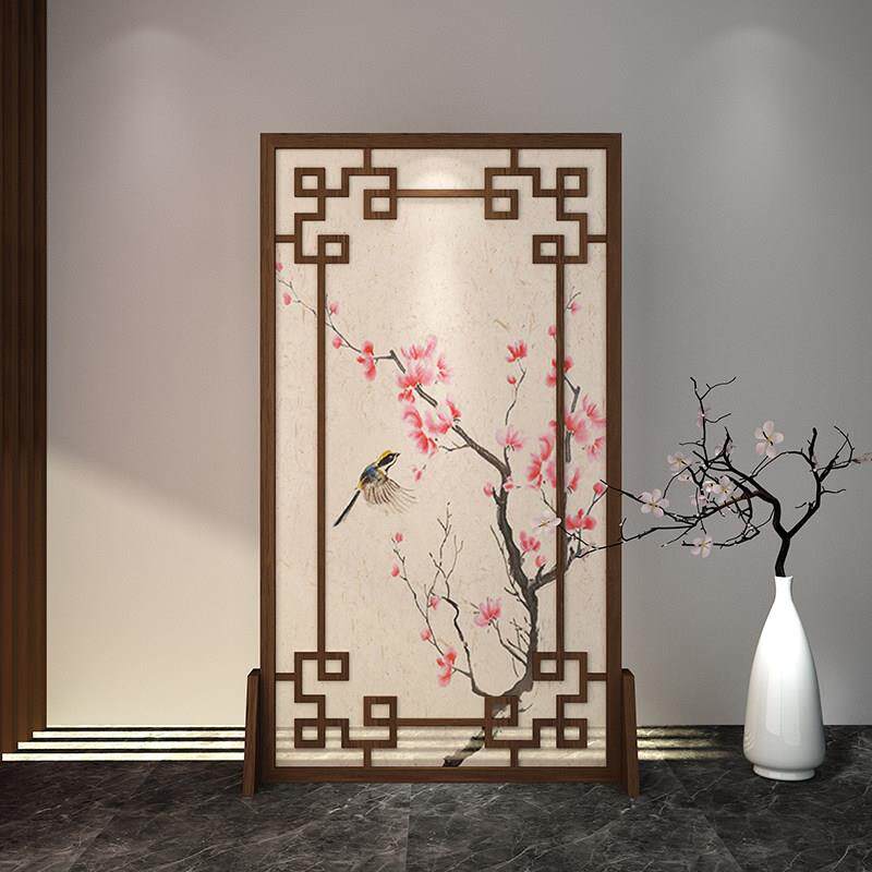 新中式实木屏风客厅玄关入户遮挡家用木质隔断简约半透纱花鸟座屏