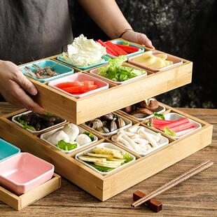 火锅店九宫格餐具白色碟子配菜竹木拼盘厨房食材蔬菜分格套装 日式