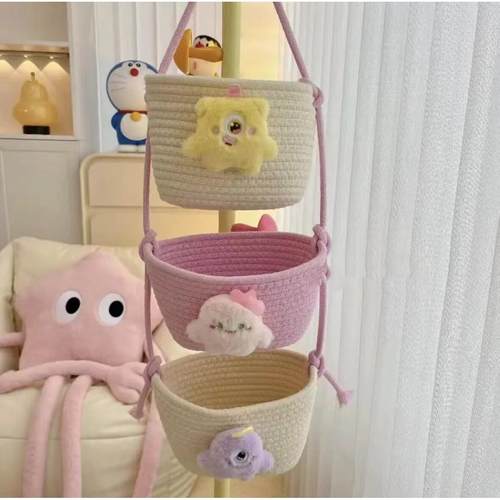 三层卡通小怪兽挂篮收纳筐可爱编织家居客厅玄关储物家用ins卧室
