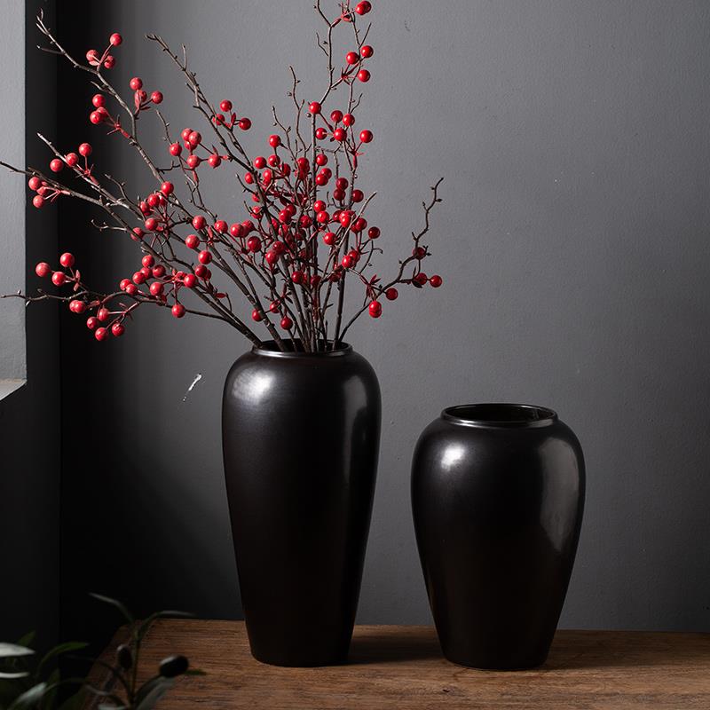景德镇高温陶瓷光滑面黑色水培花瓶插花家居摆件干花陶罐