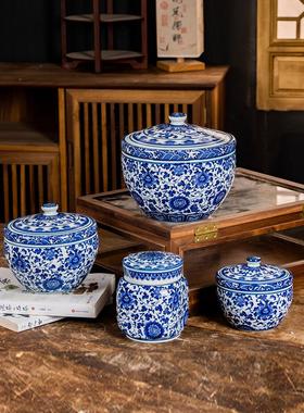 帛画景德镇青花缠枝莲带盖茶缸醒茶罐陶瓷储物罐彷古中式陶瓷摆件