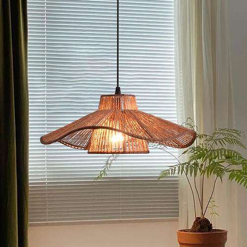 侘寂风餐厅吊灯日式复古客厅餐桌麻绳纺织灯田园风民宿卧室荷叶灯