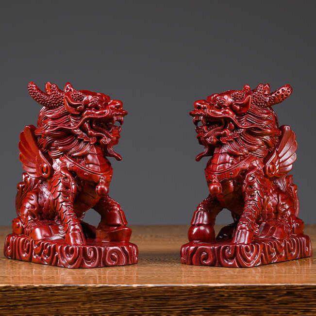红花梨木雕招财麒麟摆件实木客厅办公室桌面镇宅乔迁开 业礼品