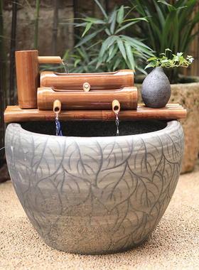 陶瓷鱼缸流水竹子循环水摆件竹筒流水器石槽过滤器办公室流水招财