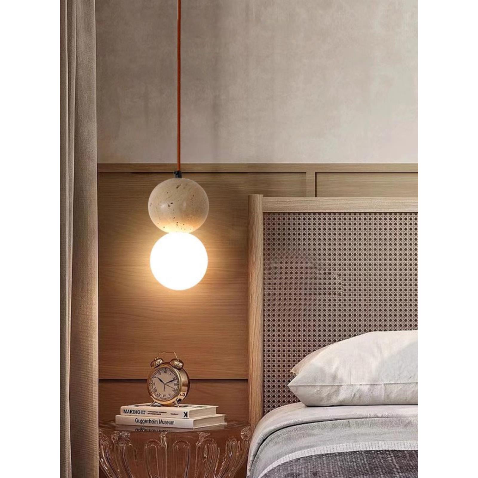 覆古卧室床边小吊灯创意圆形Wabi-Sabi风格黄色石灰华房间装饰氛