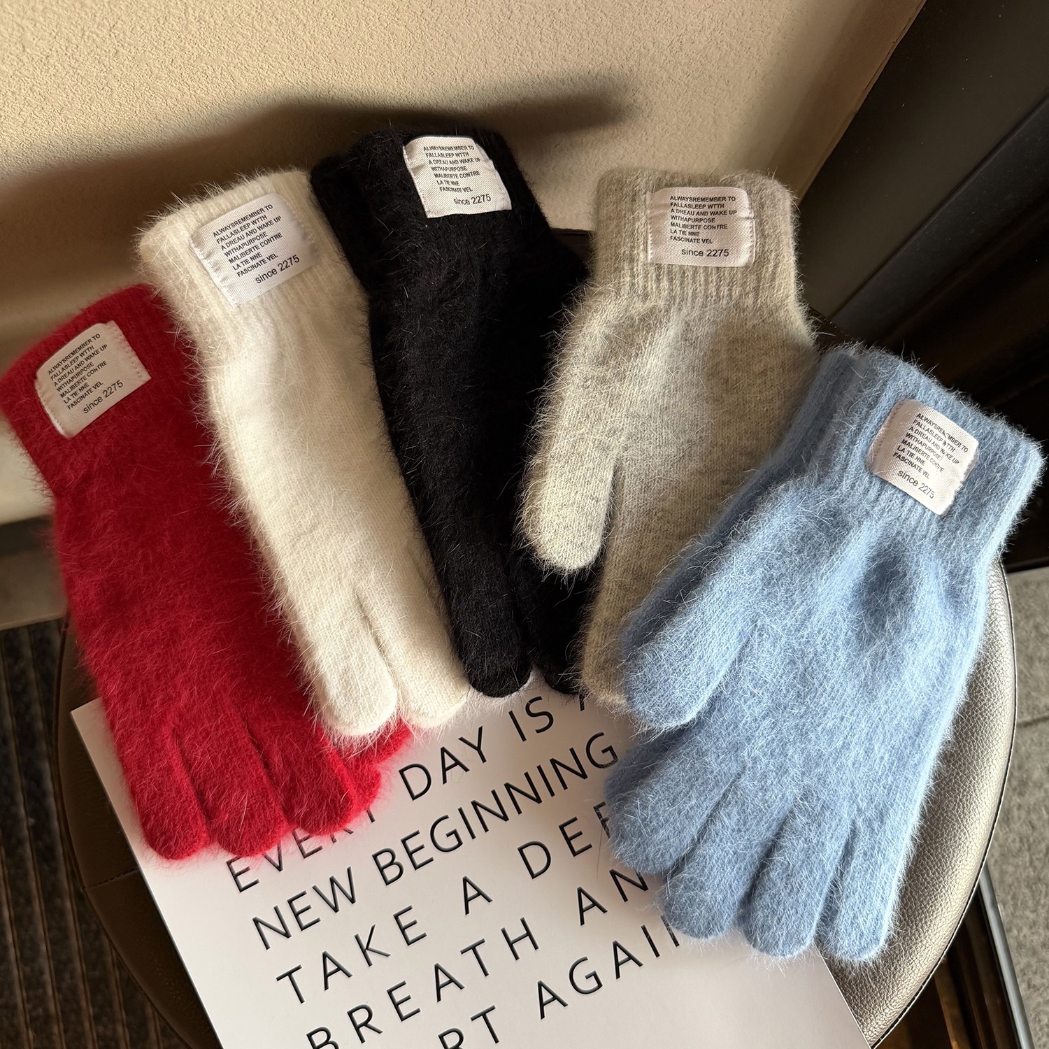 兔毛纯色保暖加厚毛线针织手套女冬季露指可触控屏幕毛线学生骑行