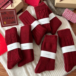 本命年大红袜子女秋冬季 保暖羊毛中筒袜长袜结婚新年鸿运堆堆袜子