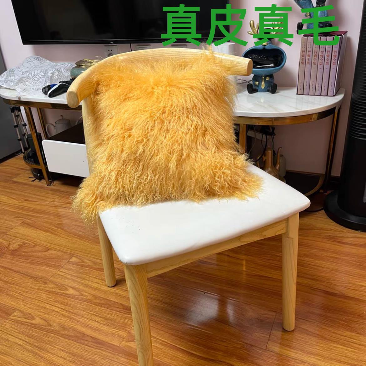 单面真皮宁夏滩羊毛抱枕沙发靠垫轻奢飘窗靠枕羊皮毛软装欧美风