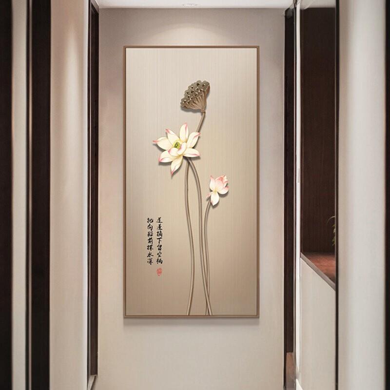 新中式荷花装饰画玄关入户走廊过道宋代美学挂画现代轻奢竖版壁画