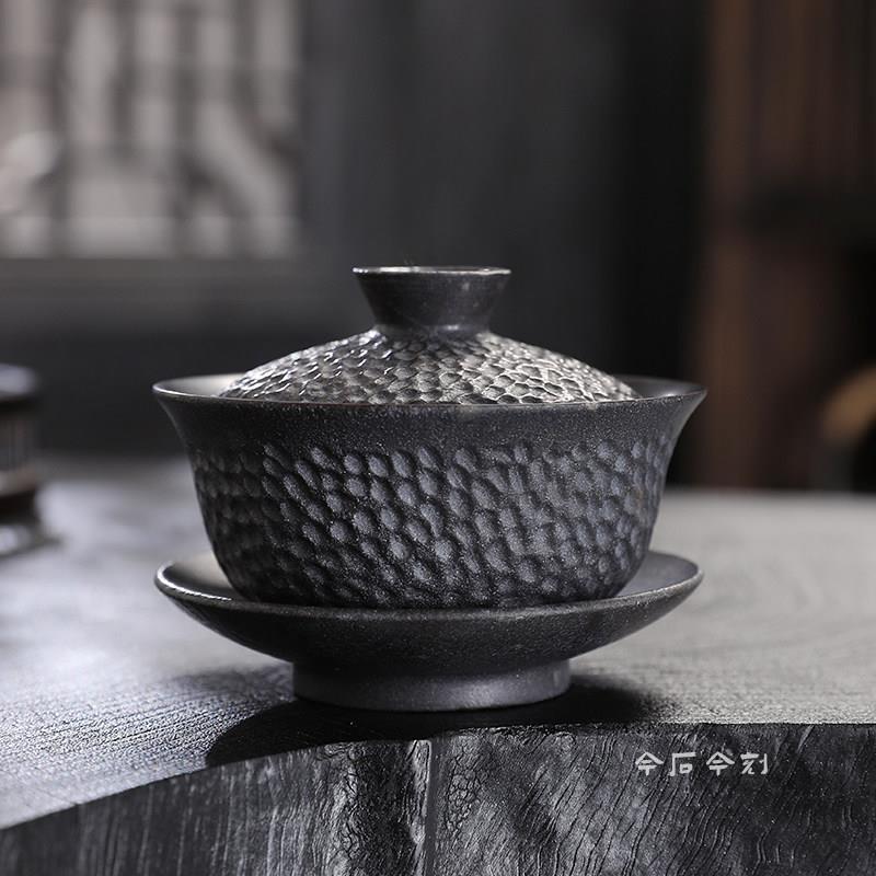 今石今刻 中式复古 天然冰碛岩 手工锤纹茶壶 三才盖碗 功夫茶具