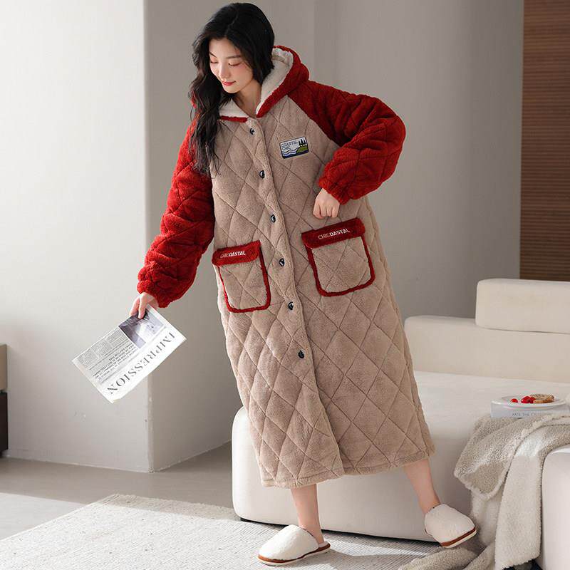 睡袍冬款女加绒加厚珊瑚绒睡衣超厚秋冬长版三层加棉保暖女生浴袍