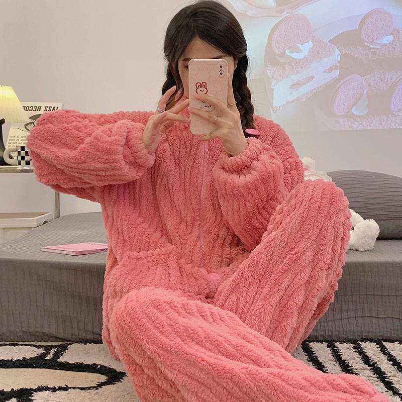 法兰绒拉链保暖睡衣韩版网红新款