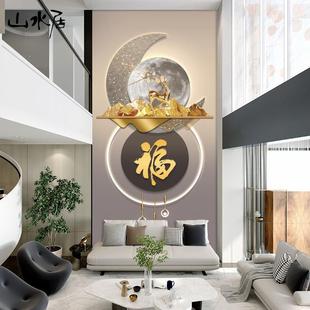 楼电视背景墙壁纸壁画新中式 别墅中空复式 客厅轻奢山水画墙布壁布