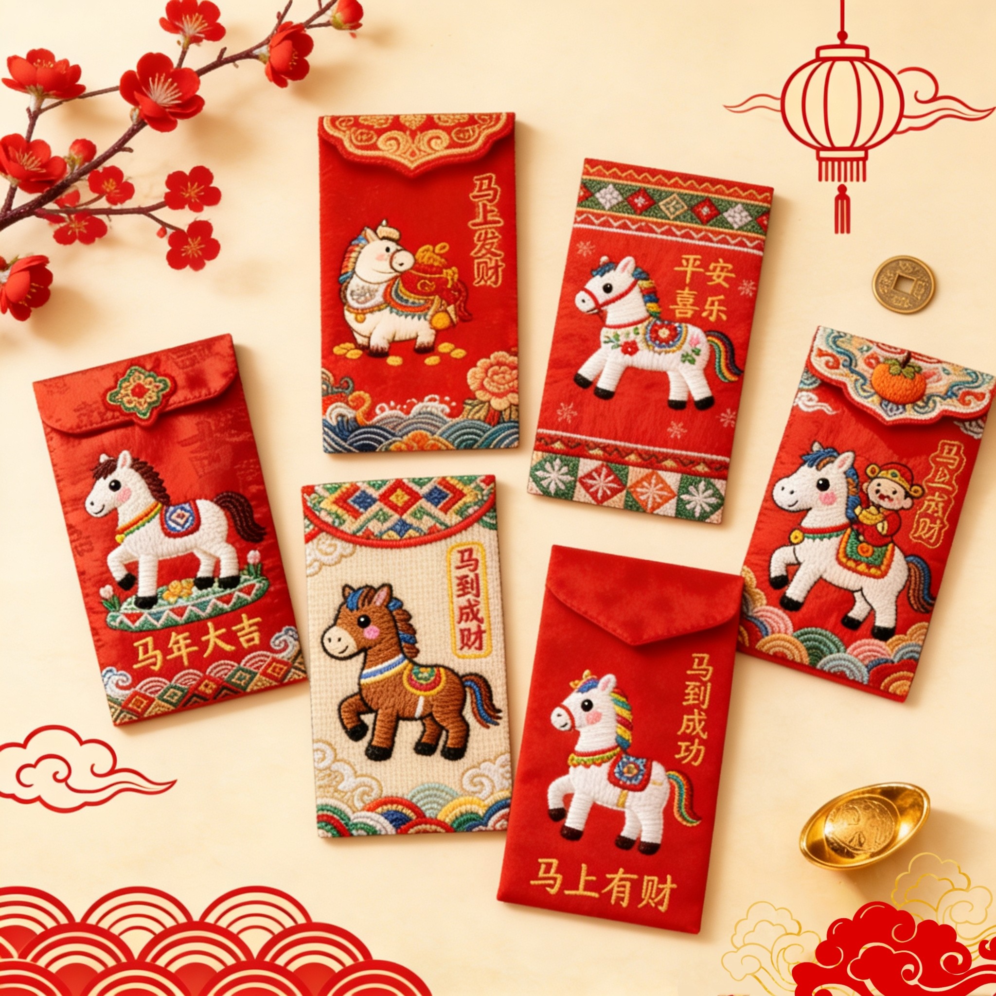 马年5D仿平面刺绣福马红包