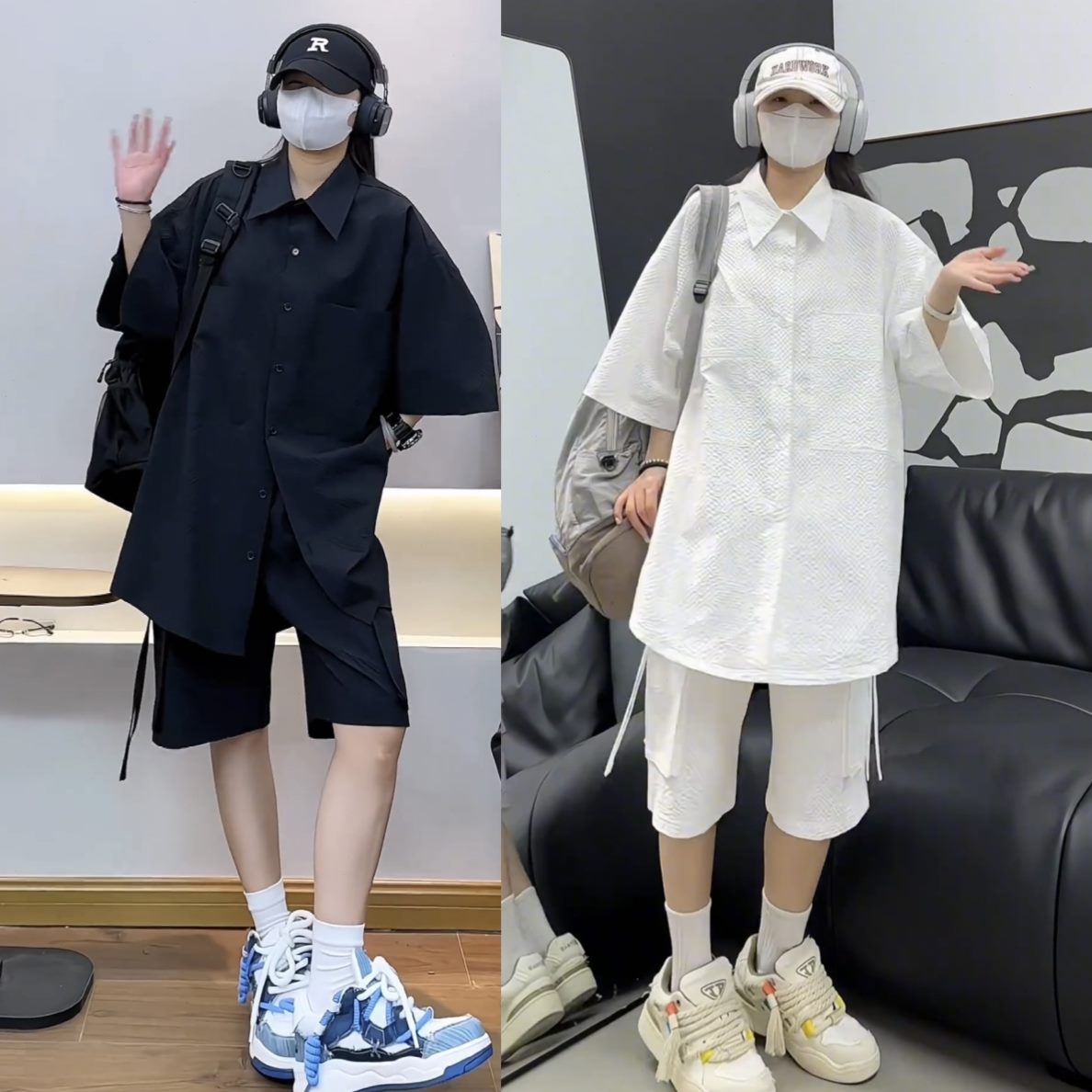 速干透气百搭夏季男女款纱工装泡泡两件套时尚宽松风运动休闲套装