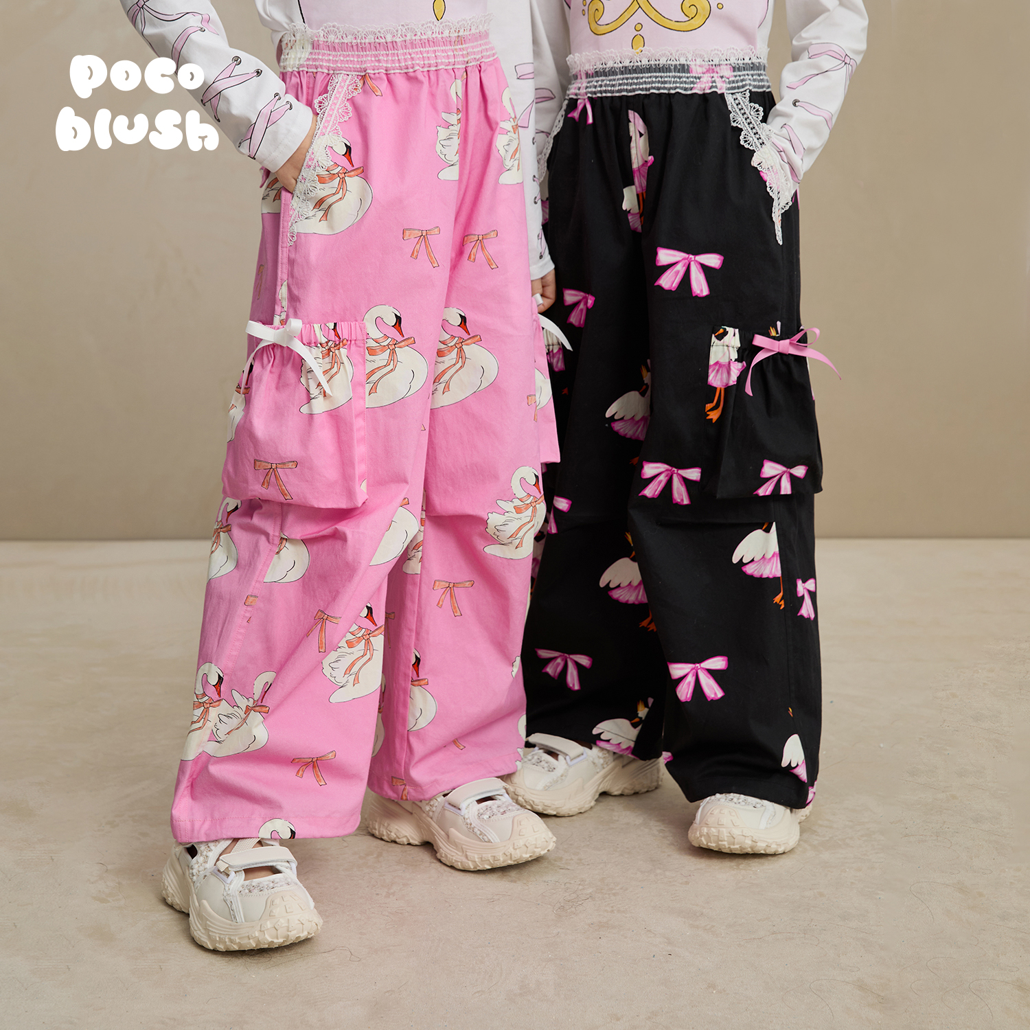 天鹅丝带印花工装裤女童春夏宽松