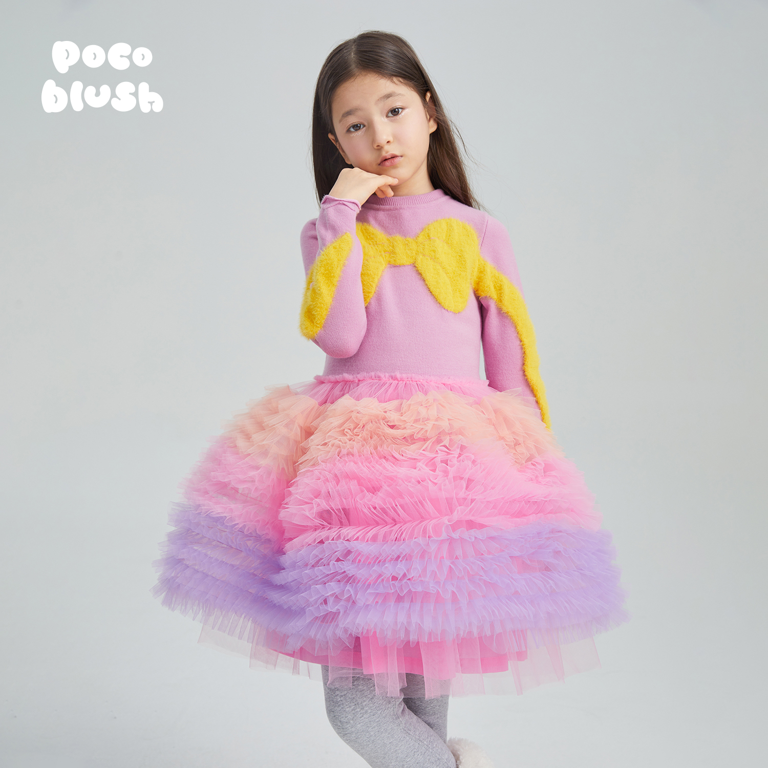 pocoblush蝴蝶结毛织网纱连衣裙