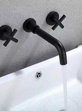 浴室暗装入墙面盆龙头黑色预埋式冷热双把水嵌入式墙排水龙头黄铜