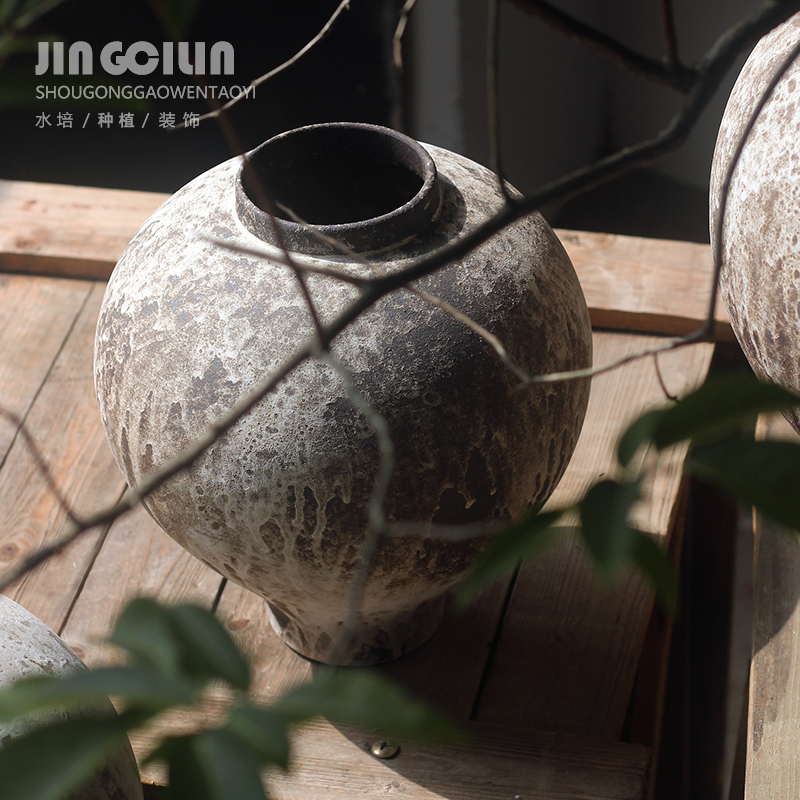 民宿陶罐新中式陶瓷插干花花盆家居摆件粗陶侘寂风复古花瓶陶器