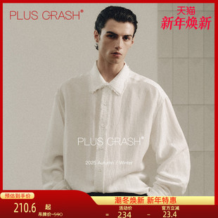 男女穿搭美式 PLUS 秋季 亚麻衬衫 CRASH老钱风门襟毛边设计翻领长袖