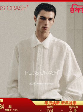 PLUS CRASH老钱风门襟毛边设计翻领长袖亚麻衬衫秋季男女穿搭美式