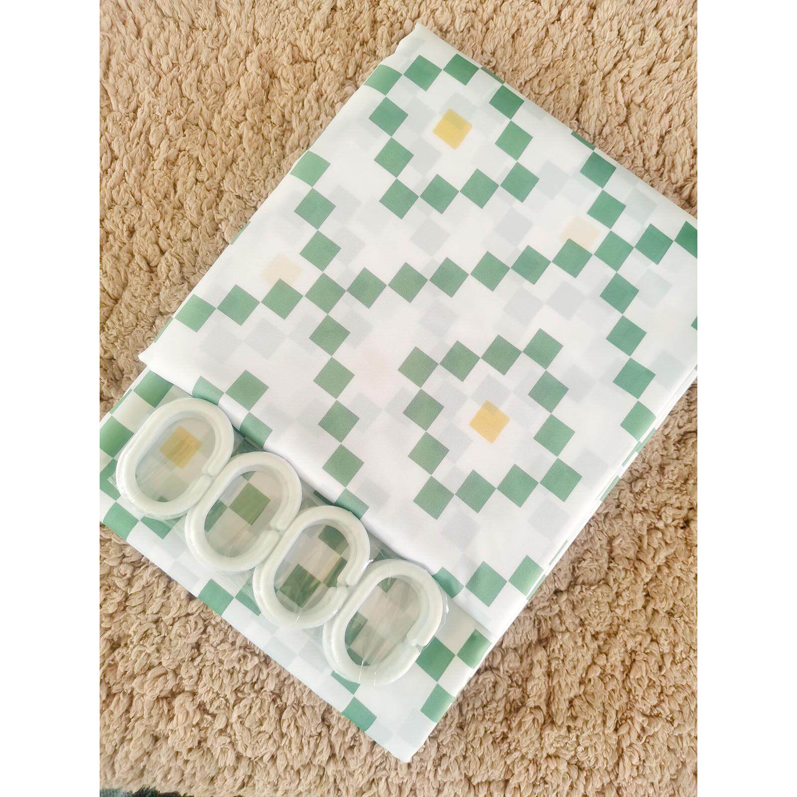 出口防水速干涤纶布细腻柔软浴帘卫生间淋浴隔断窗方格绿色不贴身