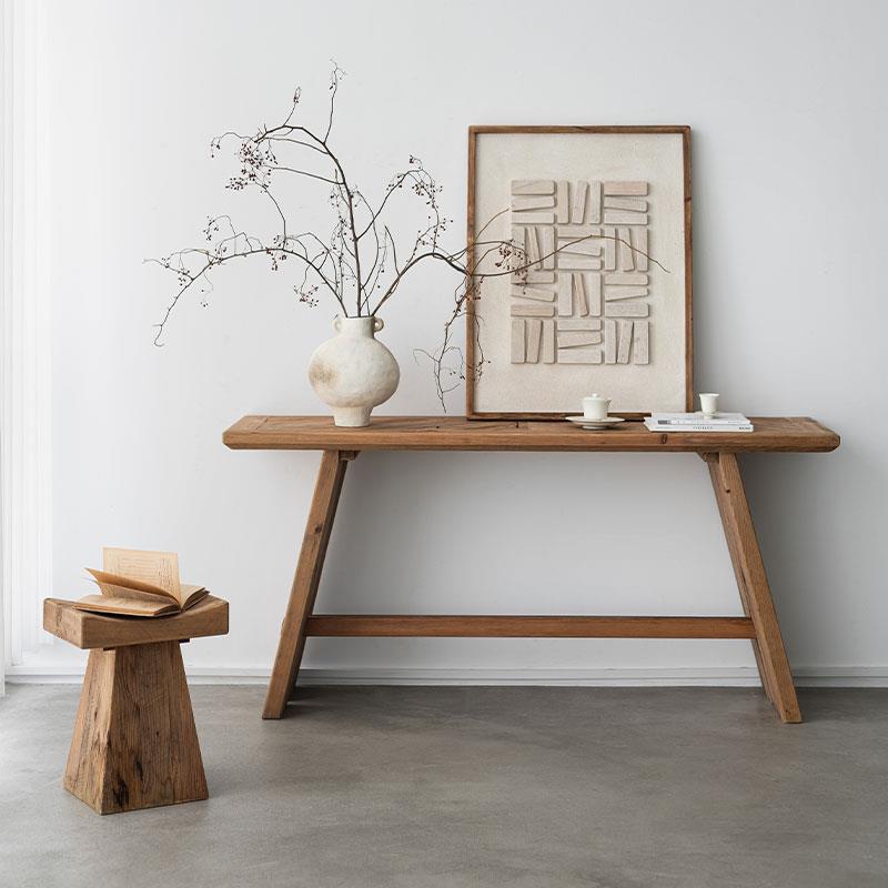 润家家居覆古老松木侘寂风玄关台长方形长条桌实木条案原木边桌