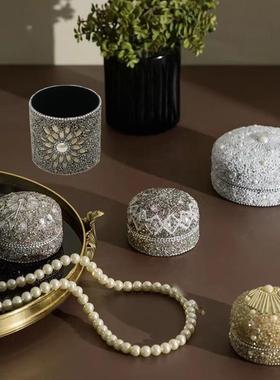 欧式复古进口手工串珠首饰盒摆件样板间卧室妆台收纳桶烛杯装饰品