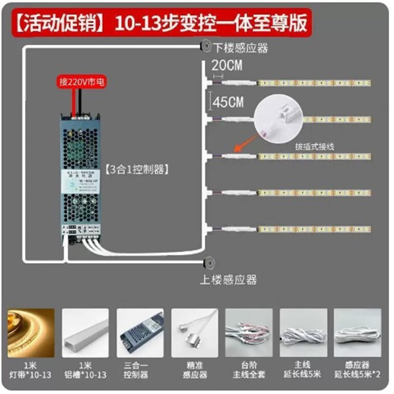 楼梯踏步灯智能感应网红台阶灯别墅室内免布线梯步灯带总线款灯条