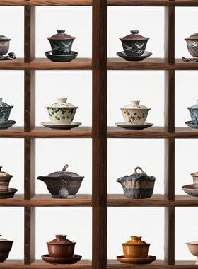 新中式茶室多宝阁茶桌覆古摆件茶具陶瓷盖碗古风茶道茶文化配件