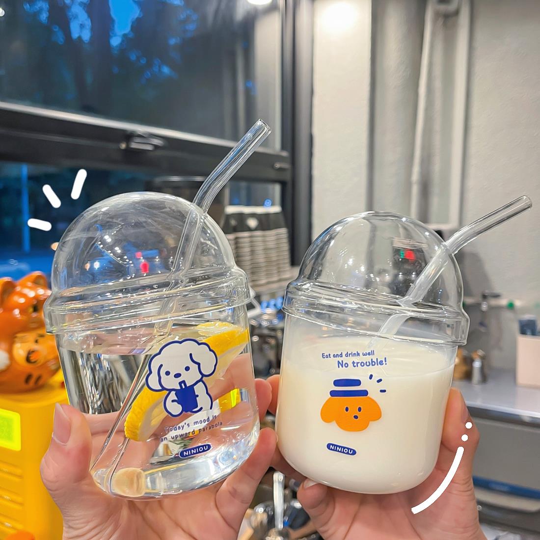 ins风耐热小狗玻璃杯女学生奶FUFU可爱秋天奶茶咖啡吸管波波水杯