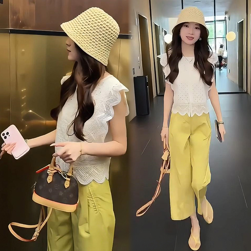 时尚套装女2025夏新款洋气荷叶边无袖蕾丝上衣九分阔腿裤两件套潮