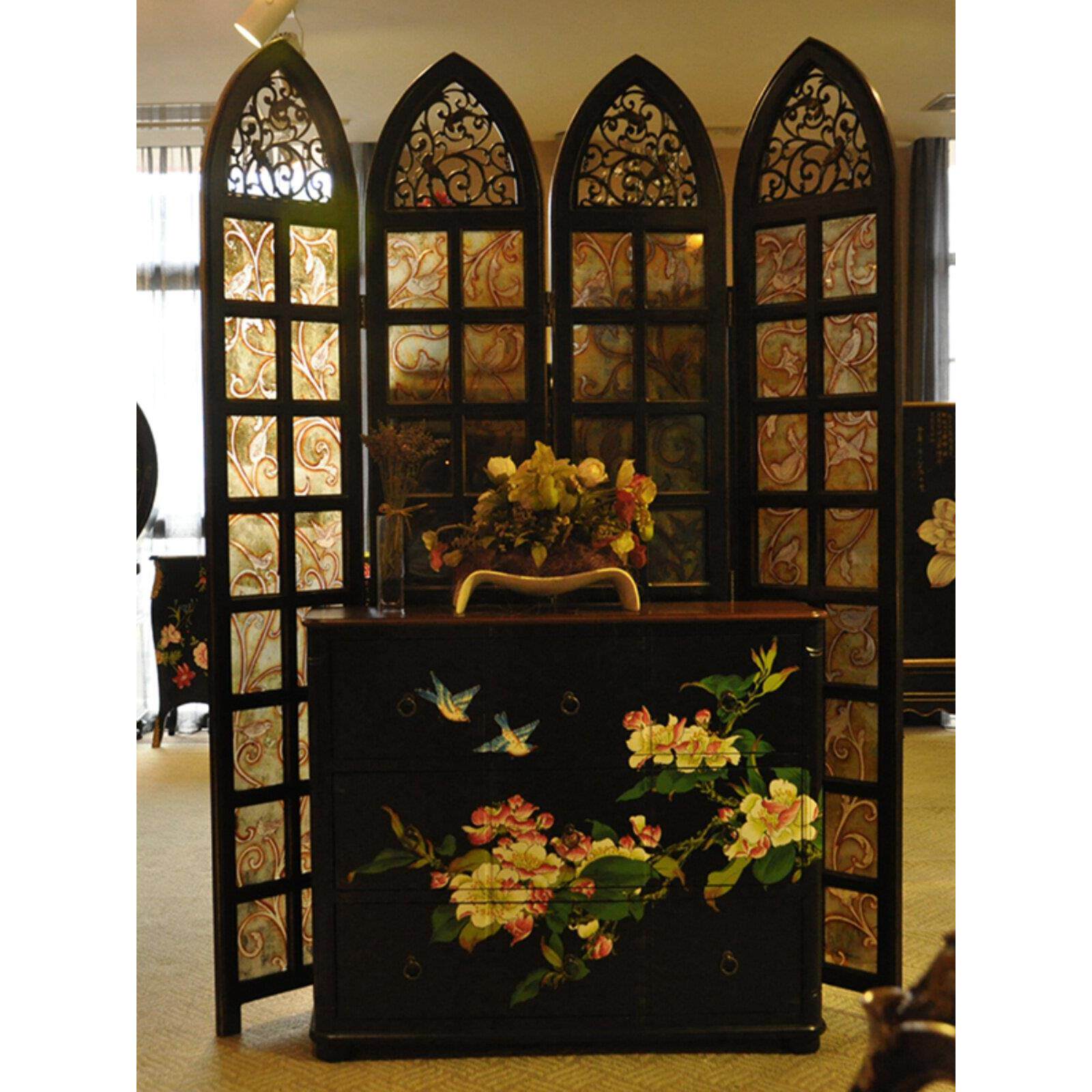 欧式屏风玄关隔断客厅折屏新古典覆古折叠镂空卧室彩绘玻璃屏风