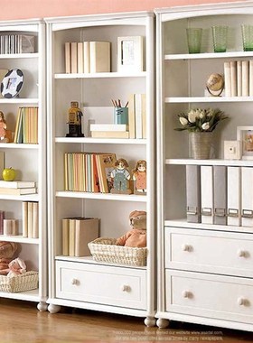 田园韩式抽拉单门柜收纳飘窗储物全实木书柜落地书架白色烤漆现代