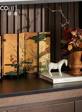 邸高家居样板间新中式入门玄关柜双面小屏风玉石花器花瓶插花摆件