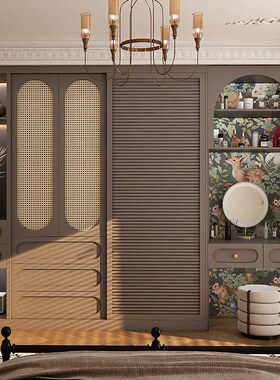 轻奢藤编门衣柜卧室推拉门衣橱家用实木定制衣帽间一门到顶定制柜